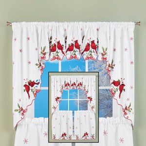 Embroidered Cardinals Window Curtain Collection (2 TIERS  ONLY FOR SALE)